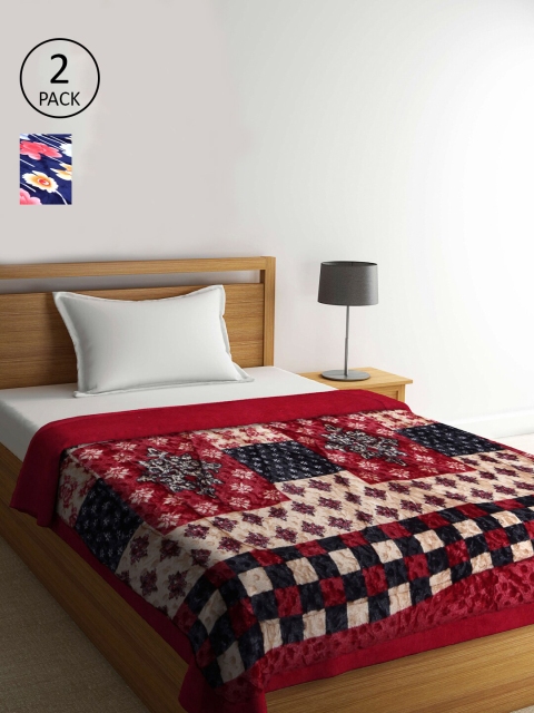

KLOTTHE Red & Blue Set of 2 Floral 1000 GSM Heavy Winter Single Bed Quilt