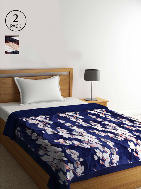 

KLOTTHE Navy Blue & Brown Set of 2 Floral Heavy Winter Single Bed Quilt