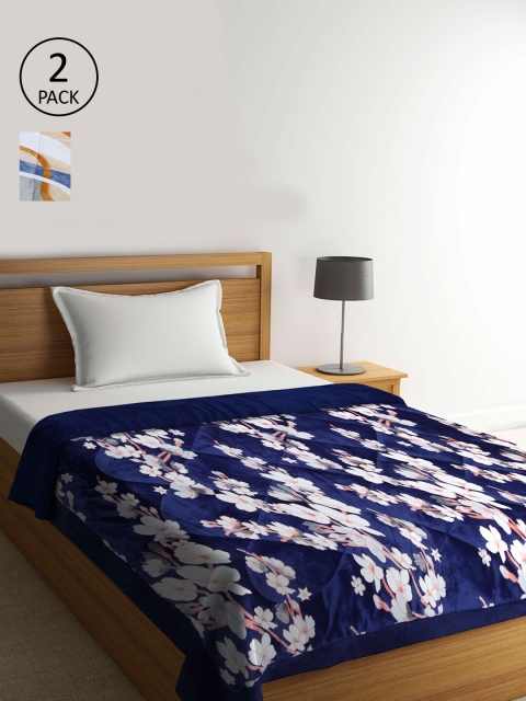 

KLOTTHE Navy Blue & Grey Set of 2 Floral Heavy Winter Single Bed Quilt