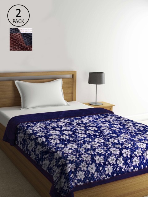 

KLOTTHE Blue & Brown Set of 2 Floral 1000 GSM Heavy Winter Single Bed Quilt Blanket