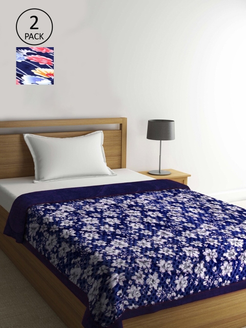 

KLOTTHE Navy Blue & Pink Set of 2 Floral 1000 GSM Heavy Winter Single Bed Quilt
