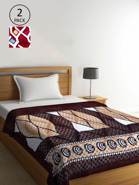 

KLOTTHE Brown & Red Set of 2 Geometric Heavy Winter 1000 GSM Single Bed Quilt