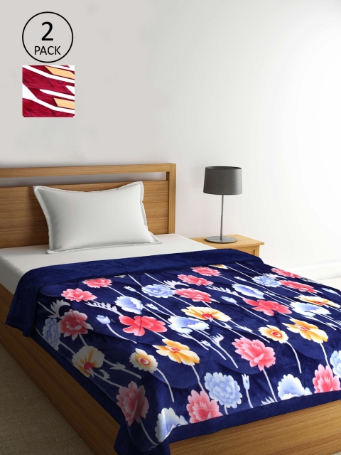 

KLOTTHE Blue & Red Set of 2 Floral 1000GSM Fur Heavy Winter Single Bed Quilt