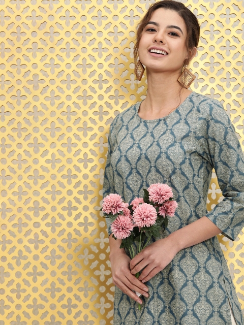 

Ode by House of Pataudi Women Teal Blue Ethnic Motifs Printed Rozana Kurta