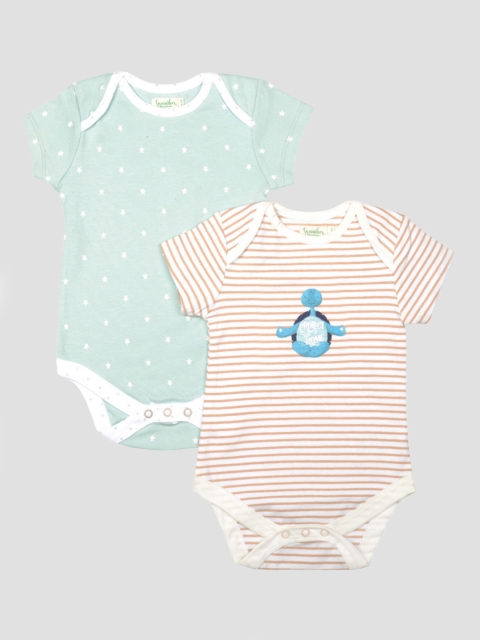 

Greendeer Kids Beige & Green Pack of 2 Printed Bodysuits