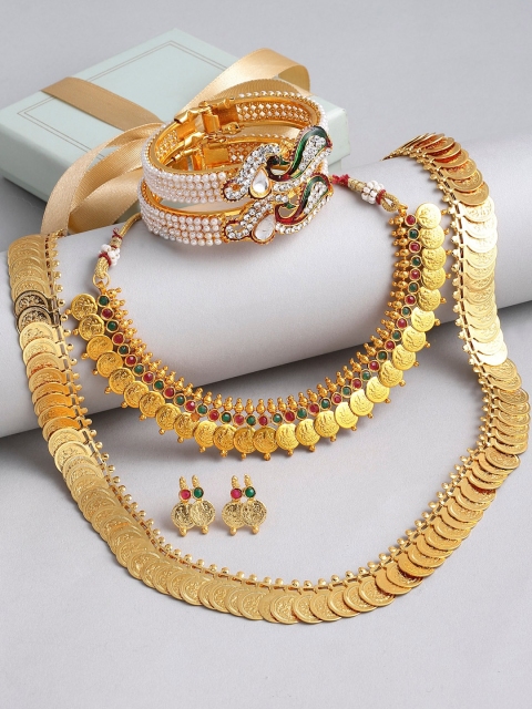 

ZENEME Gold-Plated White Stone-Studded Temple Jewellery Set