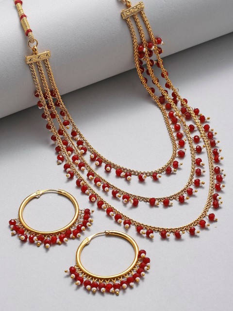 

ZENEME Red Gold-Plated Pearl Drop Intricate Layered Jewellery Set