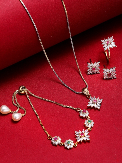 

ZENEME Gold-Plated Red & Green AD Studded Jewellery Set