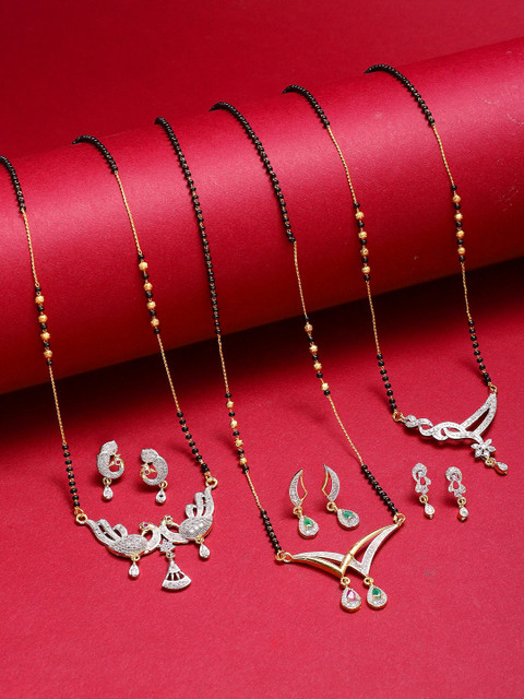 

ZENEME Set Of 3 Gold-Plated Black & White Stone-Studded Beaded Mangalsutra