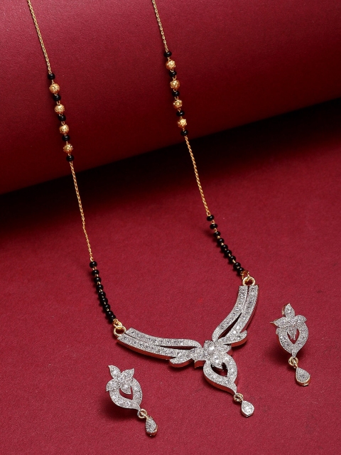 

ZENEME Black & Gold-Plated AD-Studded Mangalsutra With Earrings