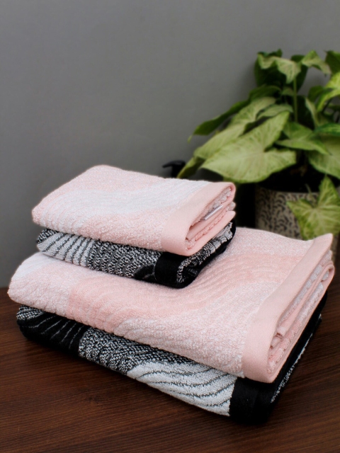 

AVI Living Set Of 4 Pink & Black 550 GSM Self Design Towels