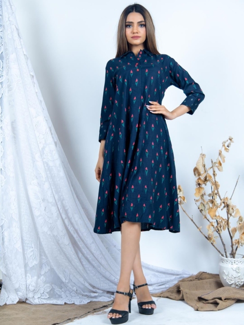 

Tistabene Navy Blue Patola Printed Shirt Dress