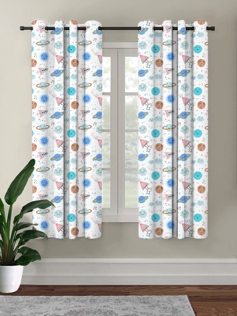 

HOUZZCODE White & Blue Set of 2 Black Out Window Curtain