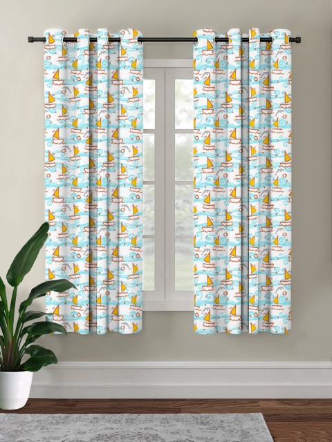 

HOUZZCODE Blue & White Set of 2 Quirky Printed Black Out Window Curtain