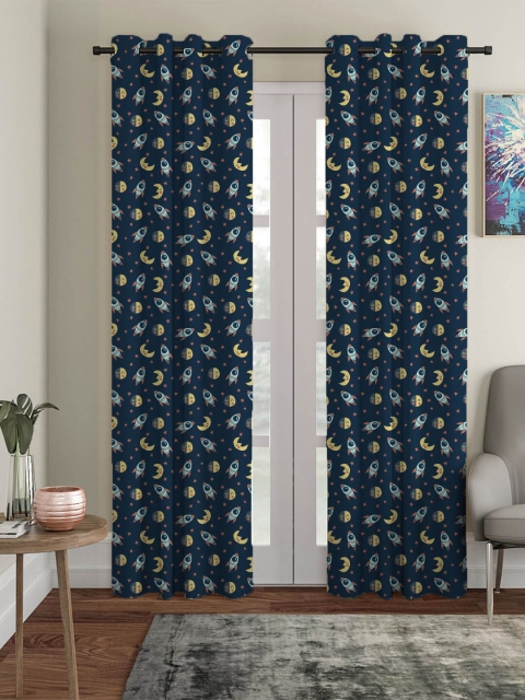 

HOUZZCODE Blue & Yellow Printed Black Out Door Curtain