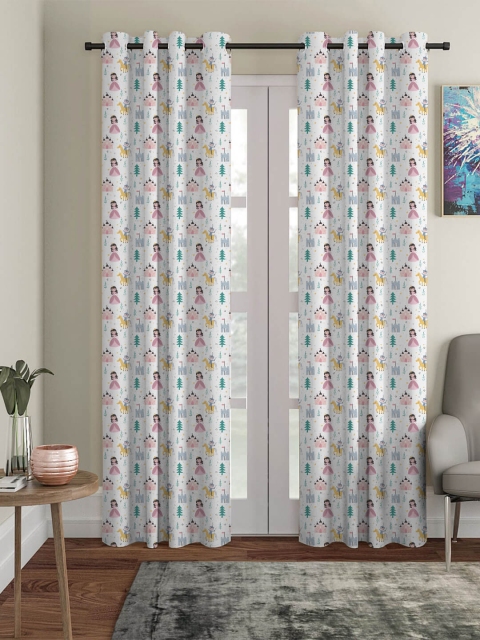 

HOUZZCODE White & Green Set Of 2 Quirky Printed Black Out Door Curtain