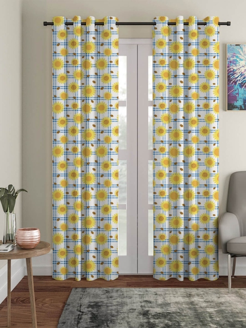 

HOUZZCODE Yellow & White Set of 2 Floral Black Out Long Door Curtain