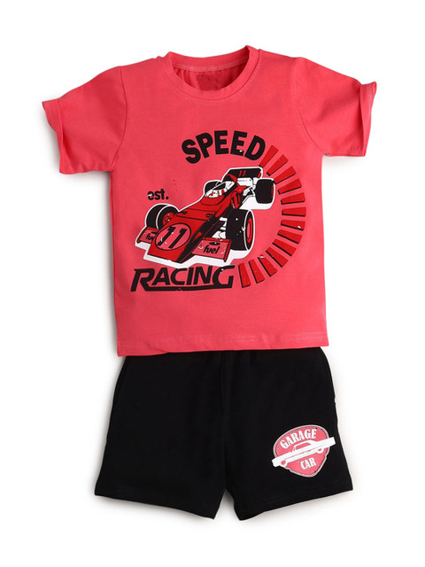 

Hopscotch Boys Coral & Black Printed T-Shirt With Shorts