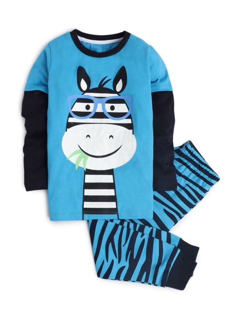 

Hopscotch Boys Blue & Black Full Sleeves Printed Night Suit