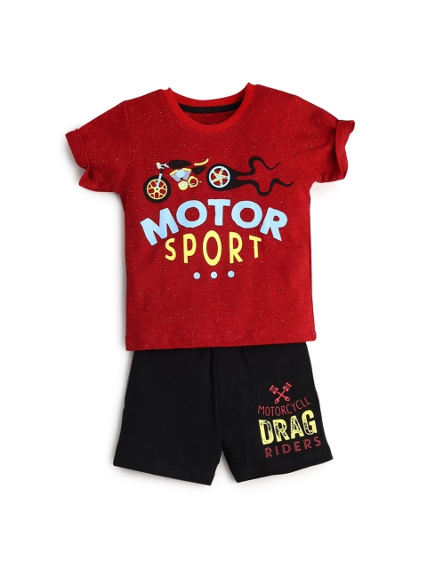 

Hopscotch Boys Cotton Red & Black Printed T-Shirt And Short Set