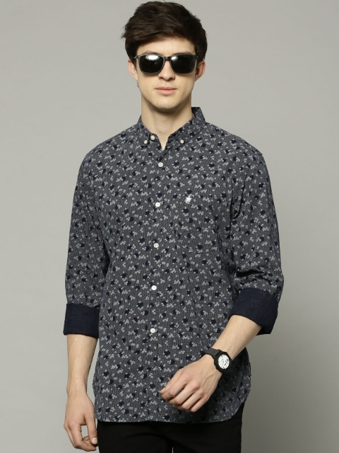 

French Connection Men Navy Blue & Grey Printed Slim Fit Casual Shirt