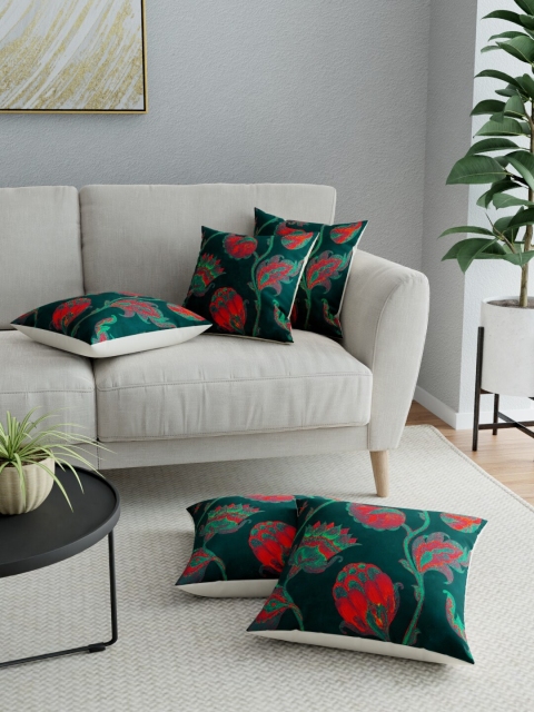 

LA VERNE Green & Red Set of 5 Floral Square Cushion Covers