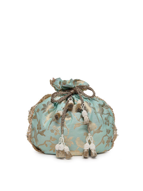 

PRACCESSORII Turquoise Blue & Gold-Toned Printed Fringed Potli Clutch