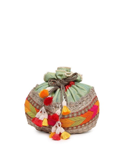 

PRACCESSORII Green & Pink Embroidered Potli Clutch