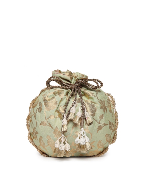 

PRACCESSORII Green & Gold-Toned Printed Fringed Potli Clutch