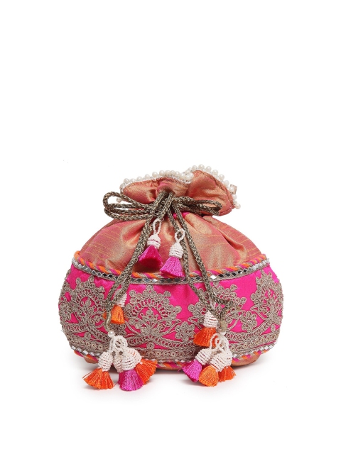 

PRACCESSORII Women Pink & Gold-Toned Textured Embroidered Potli Clutch