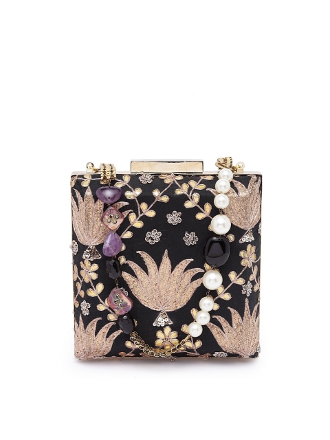 

PRACCESSORII Black & Gold-Toned Embroidered Box Clutch