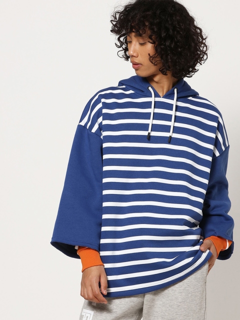 

Bewakoof Men Blue Striped Hooded Sweatshirt