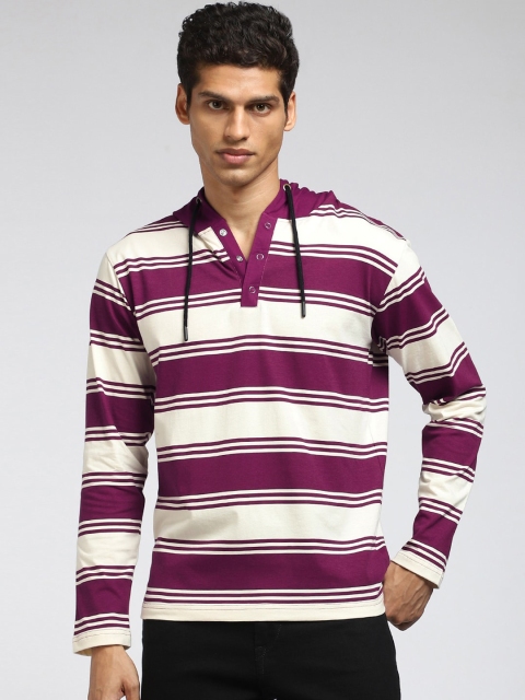 

Bewakoof Men Purple Striped Hooded Pure Cotton Sweatshirt