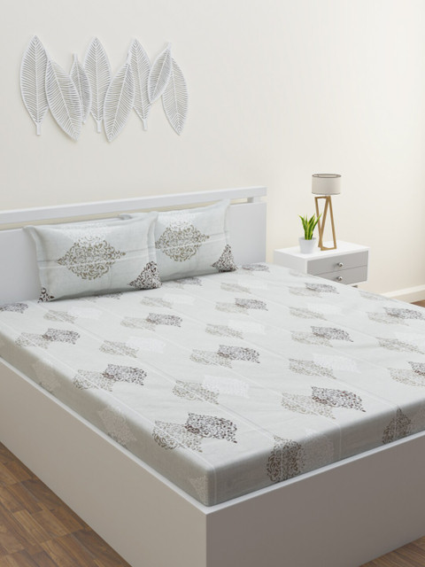 

HAPPY HUES White & Brown Ethnic Motifs 180 TC King Bedsheet with 2 Pillow Covers