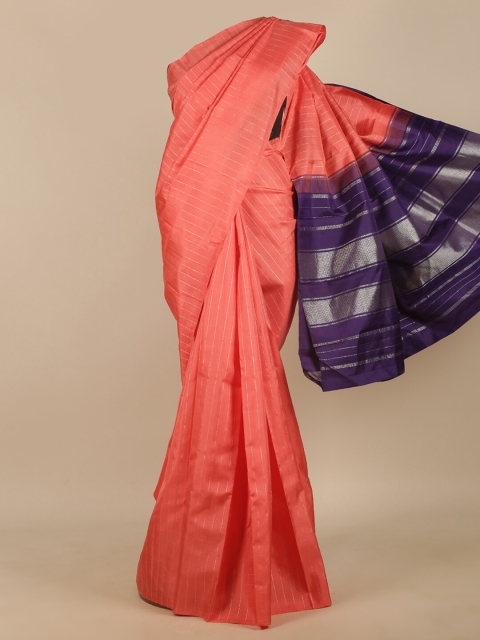 

Pothys Peach-Coloured & Purple Striped Zari Pure Silk Saree