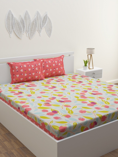 

BLUSH Red & Green Floral 120 TC Queen Bedsheet with 2 Pillow Covers