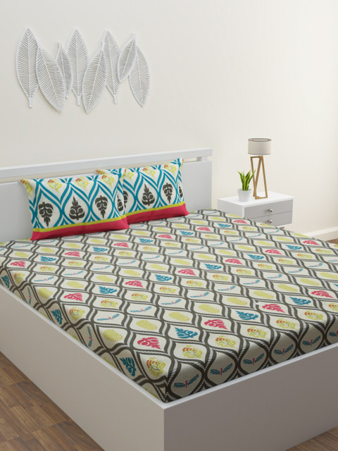 

BLUSH Multi Color Ethnic Motif Printed 104 TC Queen Bedsheet with 2 Pillow Covers, Off white