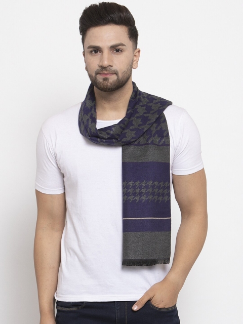 

MAXENCE Grey & Navy Blue Geometric Woven Design Muffler