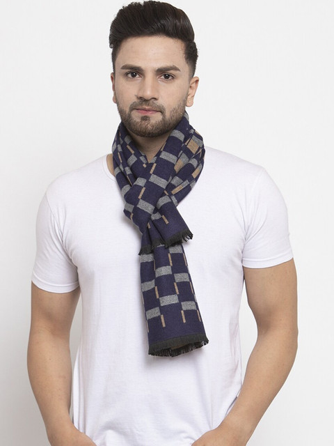 

MAXENCE Men Blue & Grey Geometric Print Muffler, Navy blue