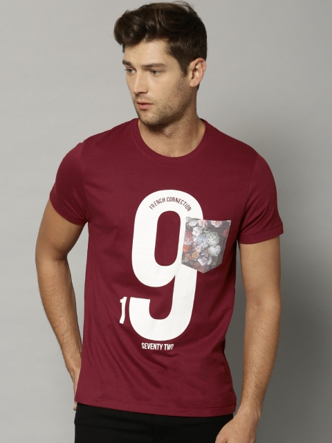 

French Connection Men Maroon Printed Round Neck T-shirt