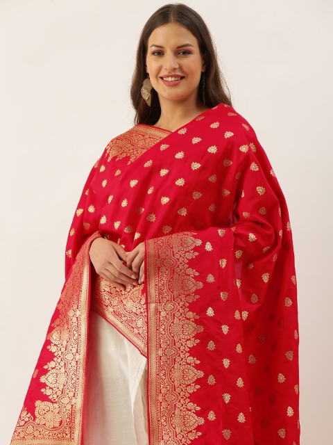 

SANGAM PRINTS Red & Golden Ethnic Motifs Woven Design Dupatta with Tassel Border
