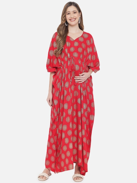 

Aujjessa Red Ethnic Motifs Printed Maternity Kaftan Maxi Dress