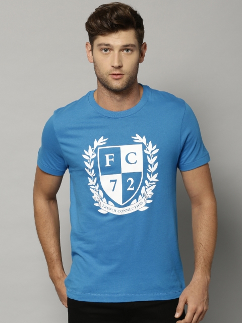 

French Connection Men Blue Printed Round Neck Pure Cotton T-shirt