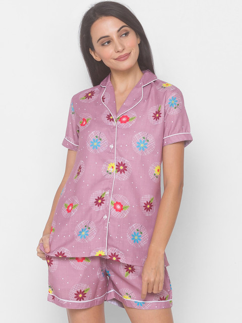 

FashionRack Women Purple & Blue Printed Pure Cotton Night suit