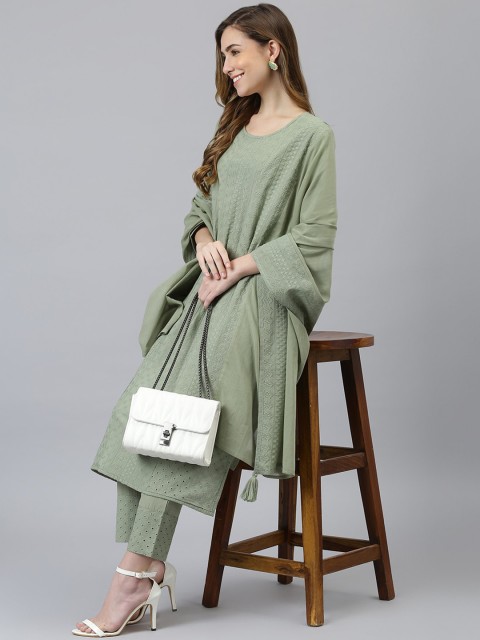 

Khushal K Women Green Panelled Pure Cotton Kurta with Trousers & With Dupatta