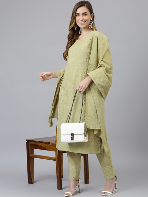 

Khushal K Women Sea Green Embroidered Pure Cotton Kurta with Trousers & With Dupatta