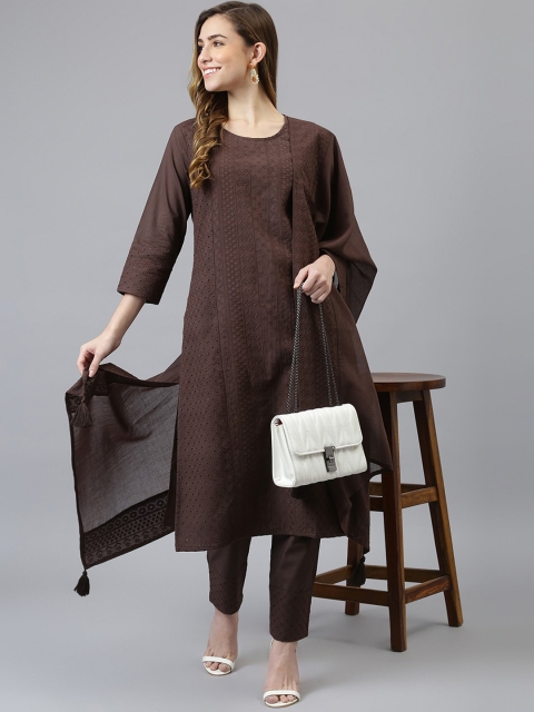 

Khushal K Women Brown Embroidered Pure Cotton Kurta with Trousers & With Dupatta