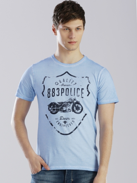 

883 Police Men Blue Printed Round Neck T-Shirt