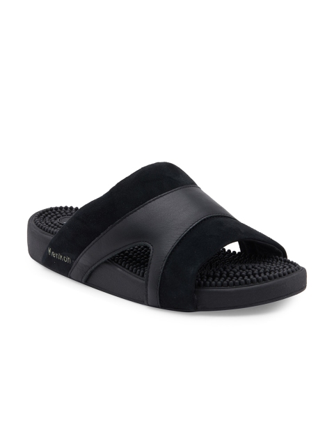 

Kenkoh Men Black Embellished Open Toe Flats with Laser Cuts