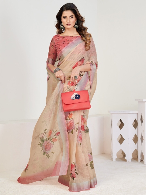 

SHOPGARB Beige & Peach-Coloured Floral Zari Linen Blend Saree